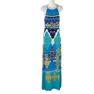Cache blue multicolor printed halter maxi dress XS AE30
